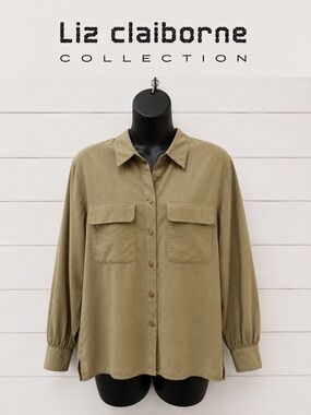 LIZ CLAIBORNE COLLECTION Vintage – Beige Khaki Silk Shirt – Size M